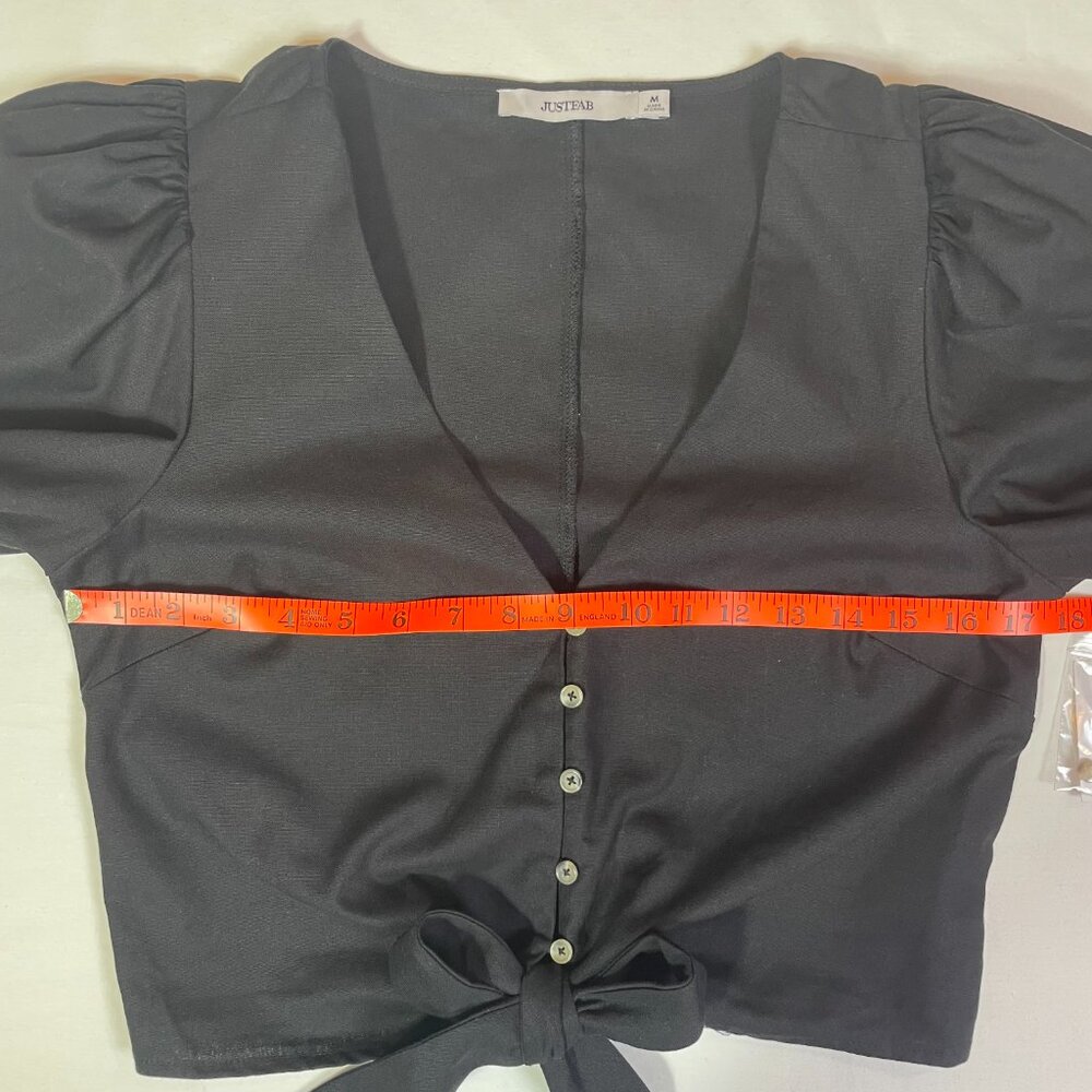 JustFab Puff Sleeve Tie Front Top Crop Top Blouse Black Linen Blend Size M - Picture 8 of 13